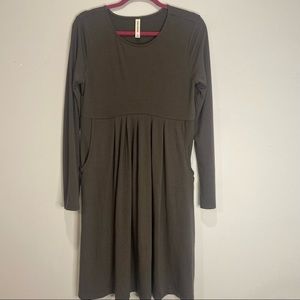 Pleated Empire-Waist Long Sleeve Dress w/ Pockets